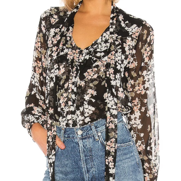 NWT MISA Patia Black Floral Sheer Long Sleeve Tie Neck Blouse Size Small - Picture 3 of 7